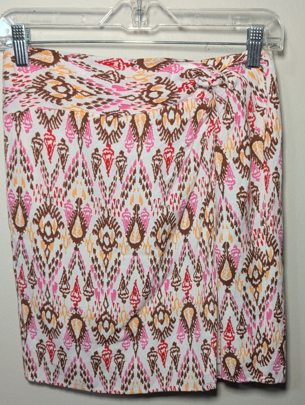 LOFT Cream Skirt with Pink, Brown & Yellow Ikat Print Linen Blend Women Size 00P